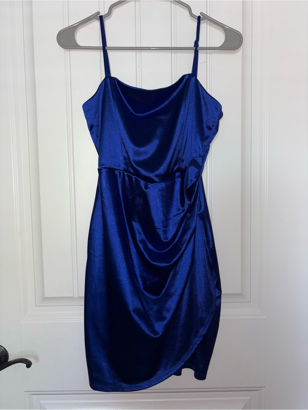 Emerald Sundae Satin Cowl Neck Mini Dress in Royal Blue